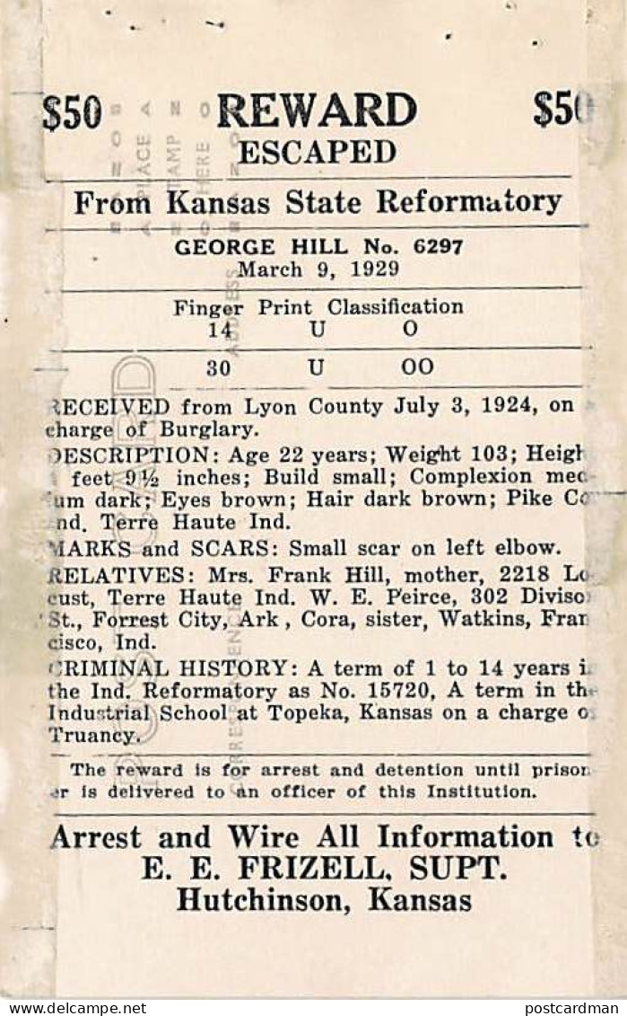 HUTCHINSON (KS) - Reward Fro G. Hill, Escaped From Ks. State Reformatory On March 9, 1929 - REAL PHOTO. - Otros & Sin Clasificación