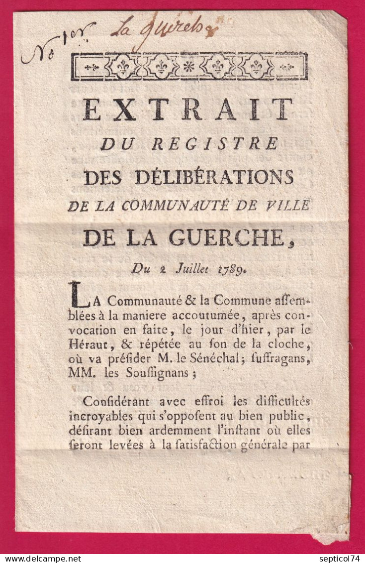 MARQUE LA GUERCHE EN ROUGE 1789 TRES BEAU TEXTE IMPRIME ILLE ET VILAINE LENAIN N°1 INDICE 20 POUR HENNEBON LETTRE - 1701-1800: Precursores XVIII