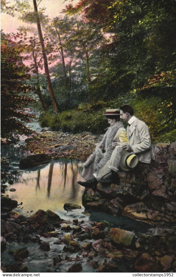 PAINTING, FINE ARTS, ELEGANT MEN WITH HAT AND WOMAN RELAXING, SWITZERLAND, POSTCARD - Pintura & Cuadros