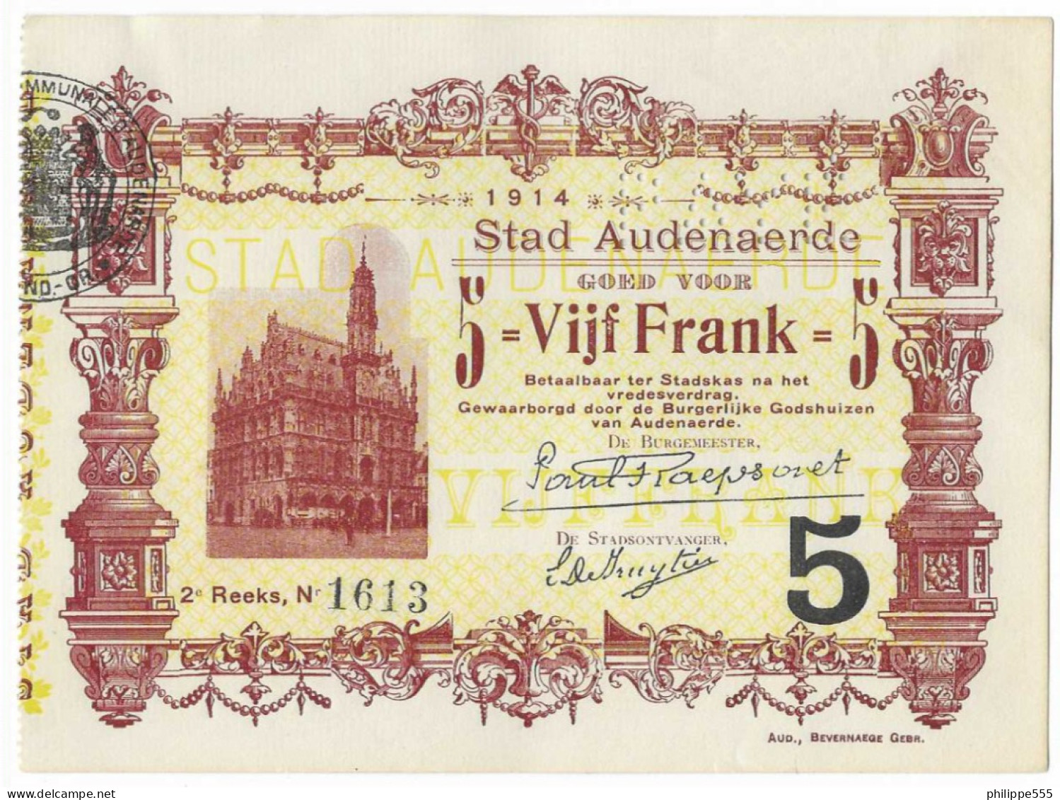 Noodgeld Audenaerde 5 Frank 1914 - Reeks 2 - 5 Francos