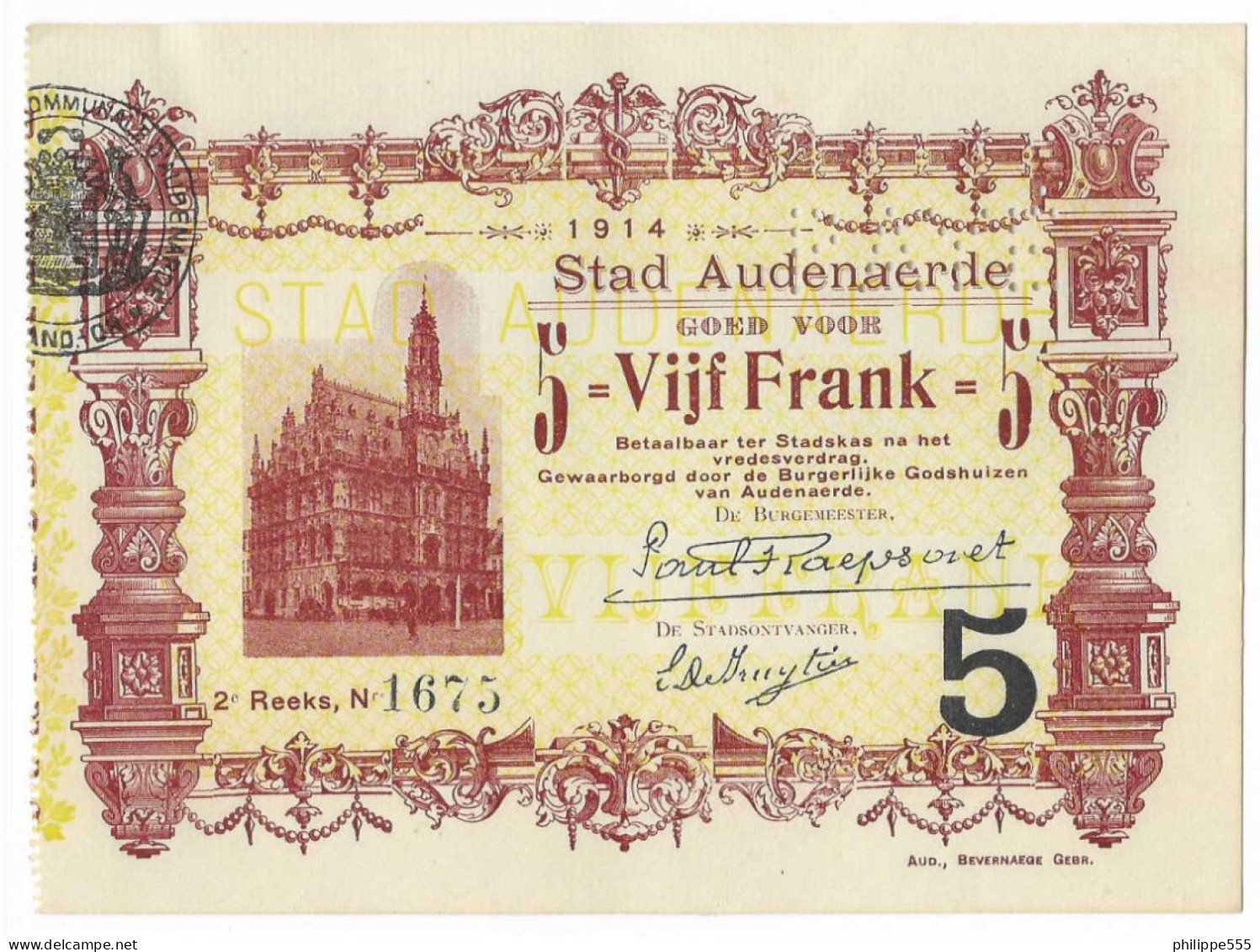 Noodgeld Audenaerde 5 Frank 1914 - Reeks 2 - 5 Franchi