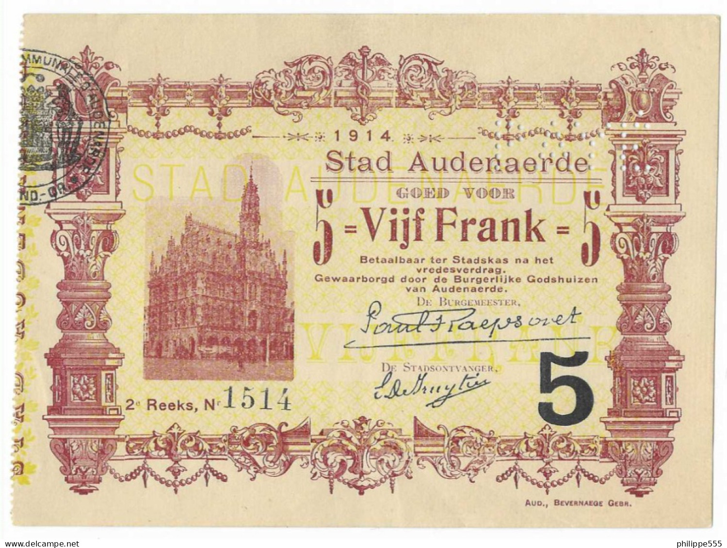 Noodgeld Audenaerde 5 Frank 1914 - Reeks 2 - 5 Franchi