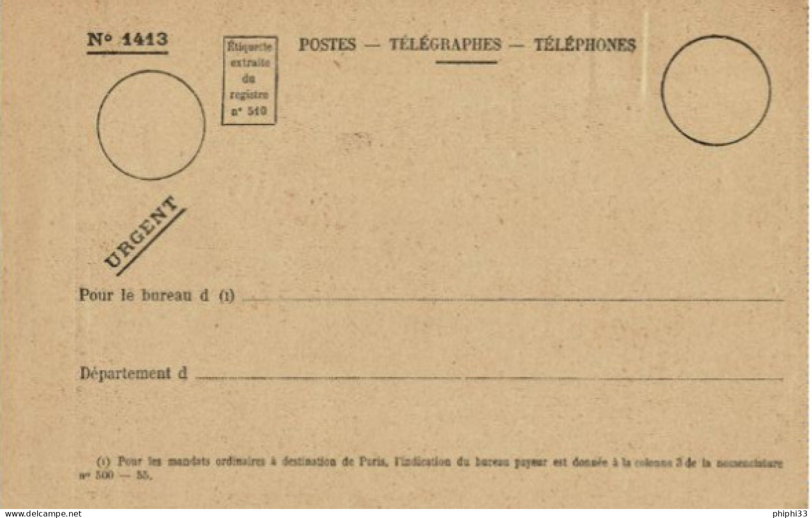 FORMULAIRE N° 1413 AVIS EMISSION DE MANDAT AVEC LA MENTION SPECIMEN SANS VALEUR - Documents De La Poste