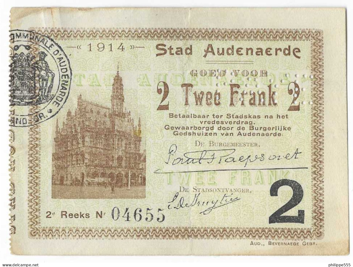 Noodgeld Audenaerde 2 Frank 1914 - Reeks 2 - 1-2 Francos