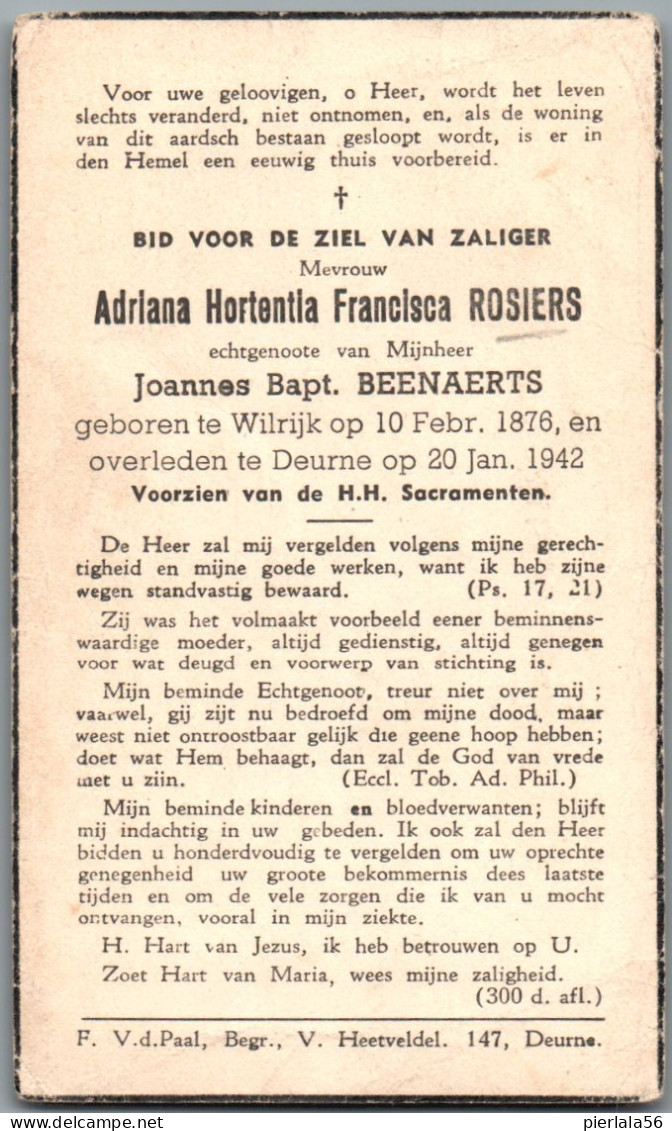 Bidprentje Wilrijk - Rosiers Adriana Hortentia Francisca (1876-1942) - Devotion Images