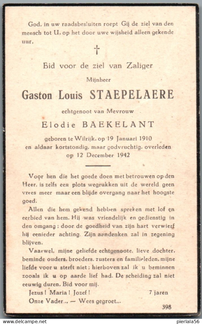Bidprentje Wilrijk - Staepelaere Gaston Louis (1910-1942) - Devotieprenten