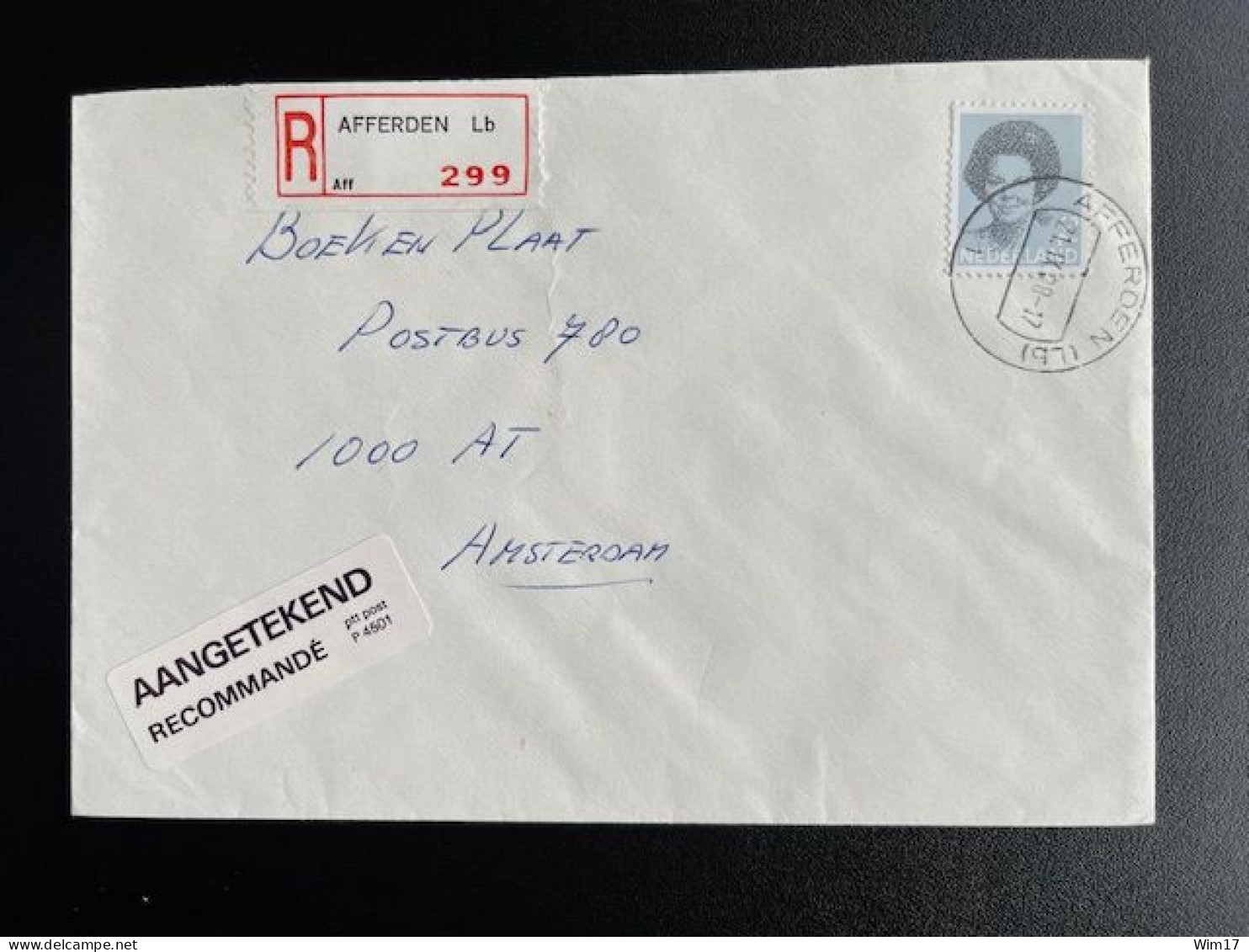 NETHERLANDS 1988 REGISTERED LETTER AFFERDEN (LB) TO AMSTERDAM 21-09-1988 NEDERLAND AANGETEKEND - Cartas & Documentos