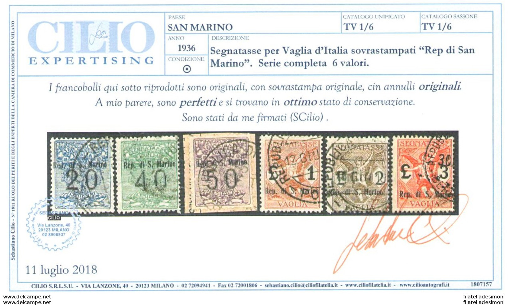1924 SAN MARINO, Tasse E Vaglia, N. 1/6 - Usati - Certificato Cilio - Other & Unclassified