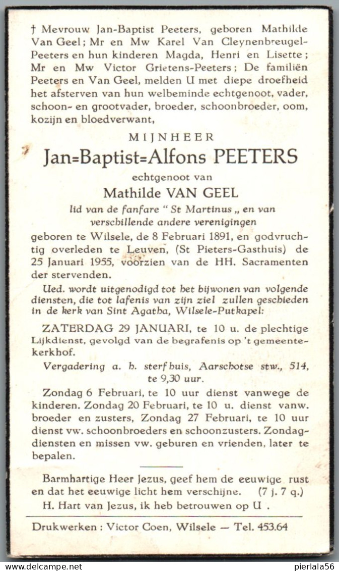 Bidprentje Wilsele - Peeters Jan Baptist Alfons (1891-1955) - Devotion Images