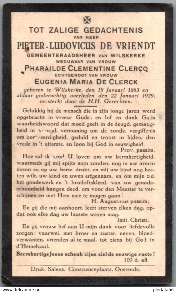 Bidprentje Wilskerke - De Vriendt Pieter Ludovicus (1863-1929) - Devotion Images