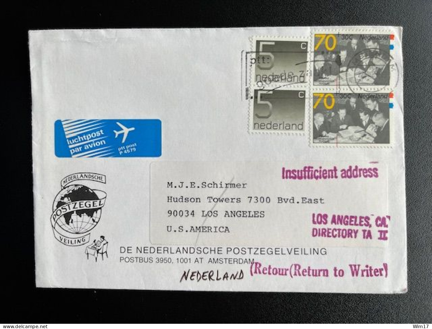 NETHERLANDS 1989 LETTER AMSTERDAM TO LOS ANGELES USA 22-08-1989 NEDERLAND RETURN TO SENDER POSTAL REMARKS - Cartas & Documentos