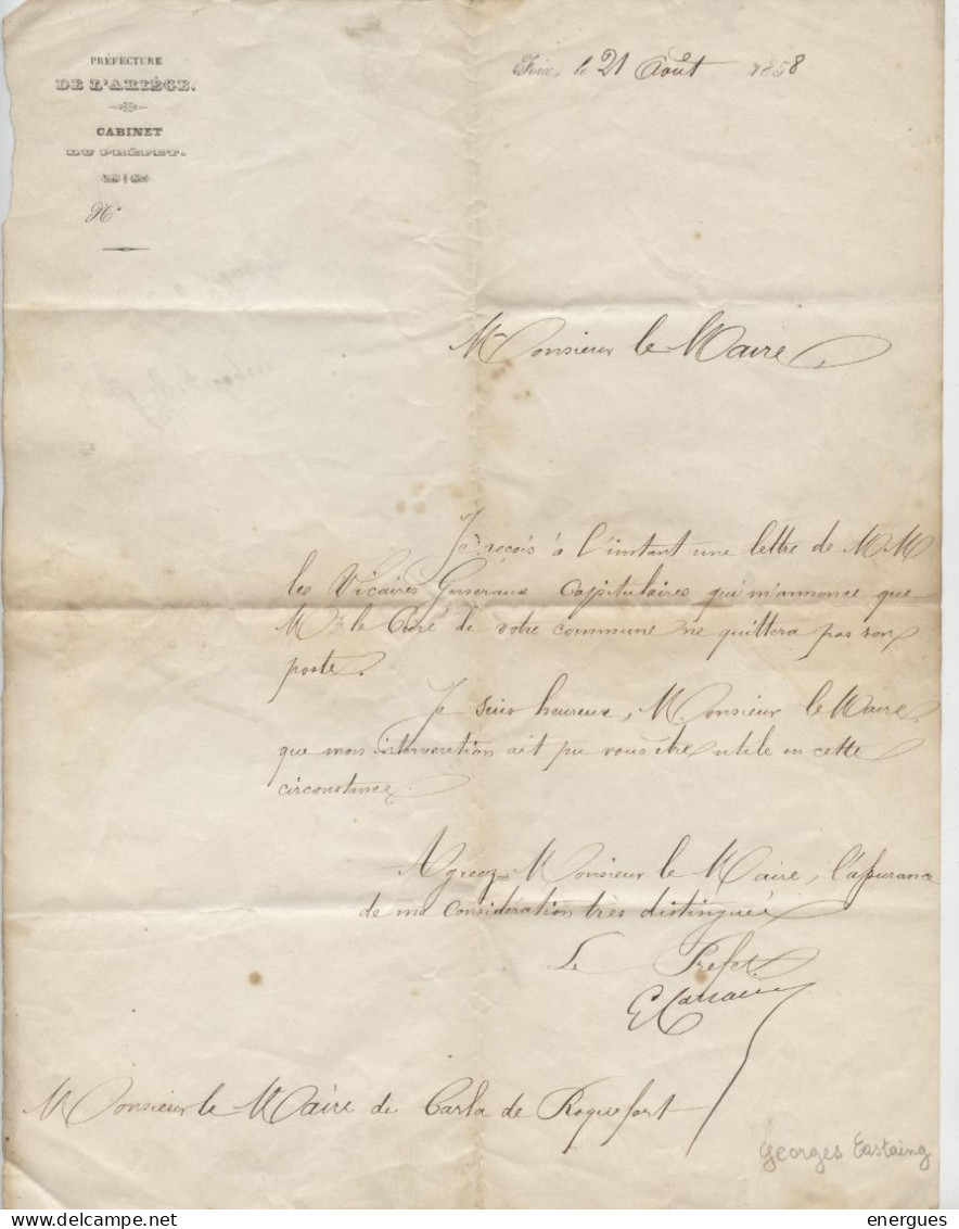 Autographe,préfet Ariège Foix,1848,Georges Castaing,lettre Maire Carla De Roquefort, Vicaires, Curé. Préfet De La Vienne - Politiques & Militaires