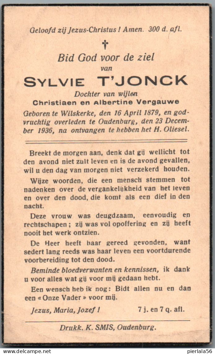 Bidprentje Wilskerke - T'Jonck Sylvie (1879-1936) - Devotieprenten