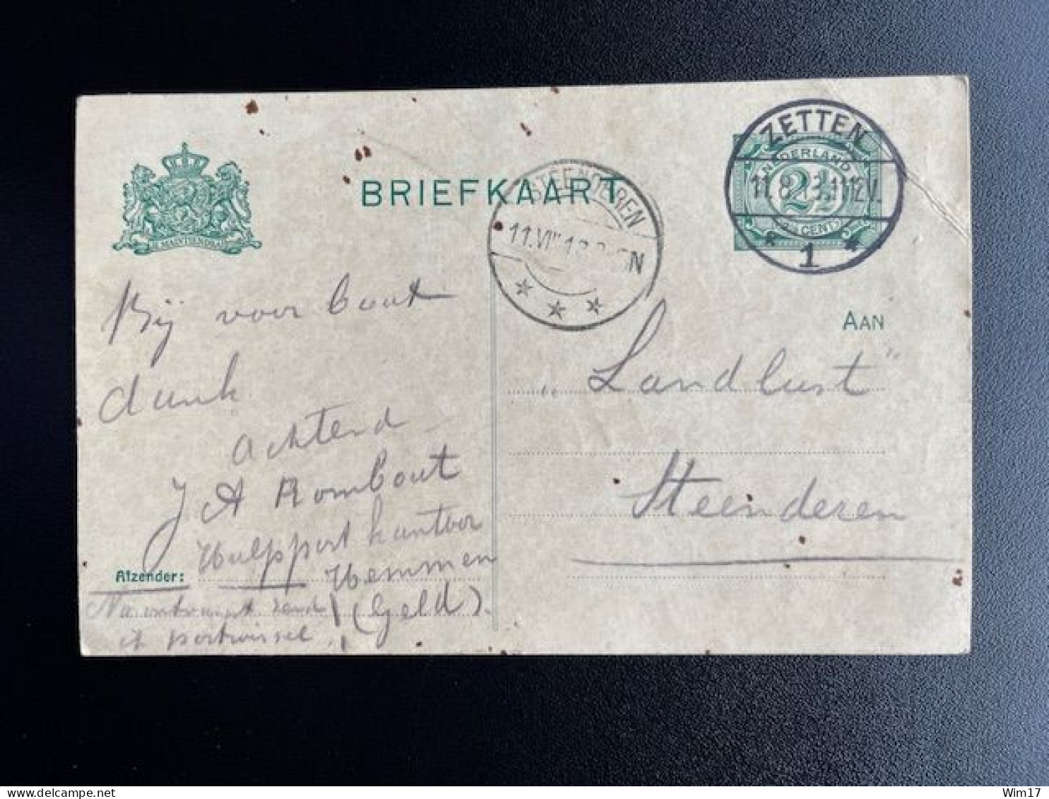 NETHERLANDS 1913 POSTCARD ZETTEN TO STEENDEREN 11-08-1913 NEDERLAND BRIEFKAART - Postal Stationery