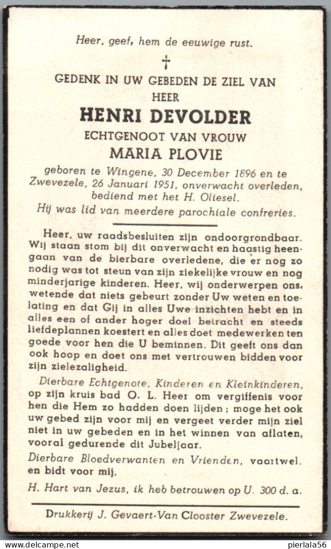 Bidprentje Wingene - Devolder Henri (1896-1951) - Devotion Images