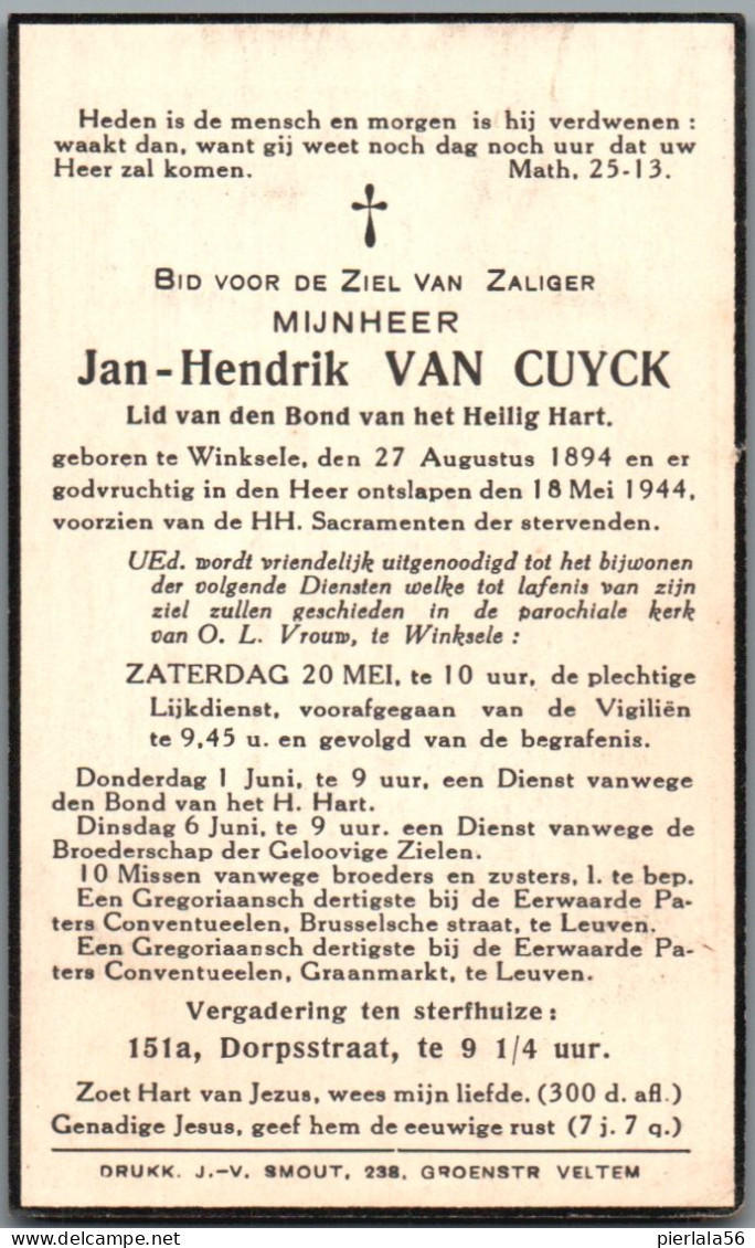 Bidprentje Winksele - Van Cuyck Jan Hendrik (1894-1944) - Devotieprenten