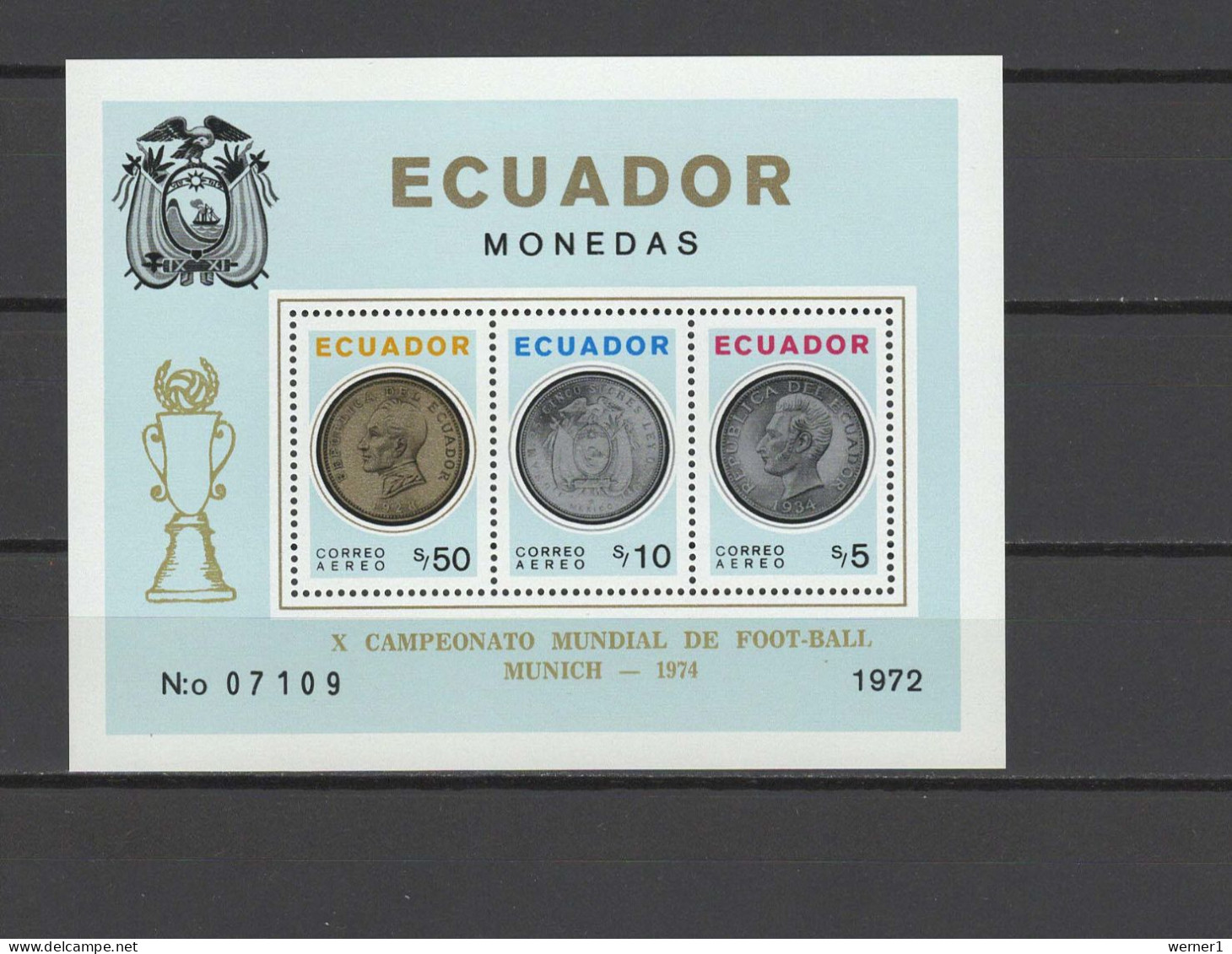 Ecuador 1974 Football Soccer World Cup S/s With Golden Overprint On Coins MNH -scarce- - 1974 – Alemania Occidental