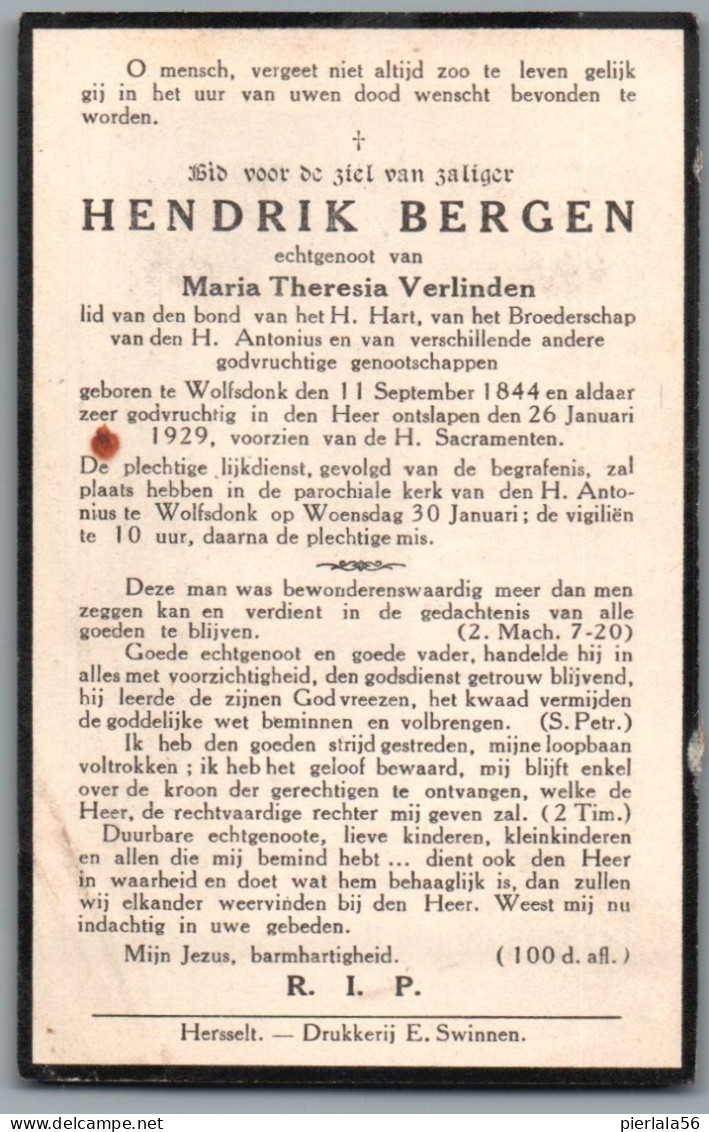 Bidprentje Wolfsdonk - Bergen Hendrik (1844-1929) - Devotion Images