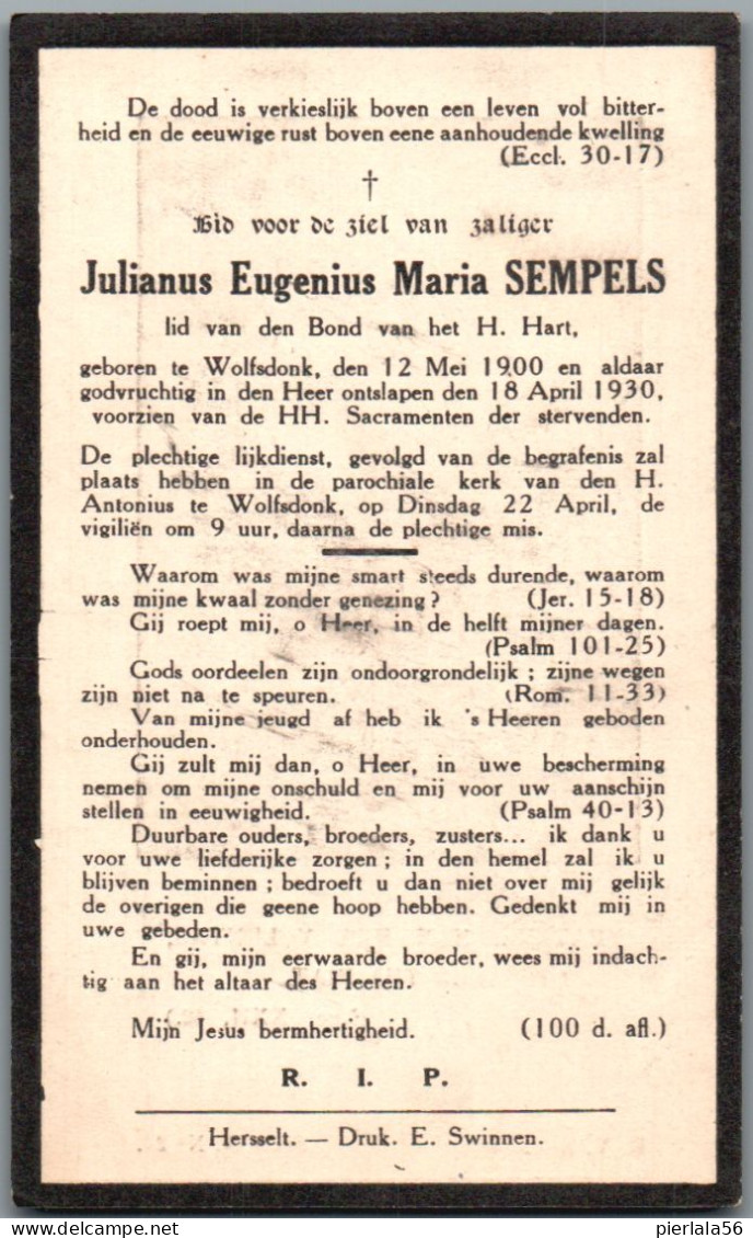 Bidprentje Wolfsdonk - Sempels Julianus Eugenius Maria (1900-1930) - Devotion Images