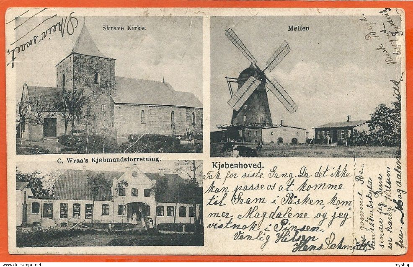 DK140_*  RØDDING * KOBENHOVED WIND-MILL * SKRAVE KIRKE Og C. WRAA'S KJØBMANDSFORRETNING * SENDT With GERMAN STAMP 1906 - Denmark