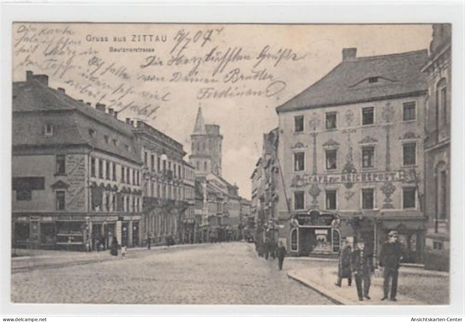 39084508 - Zittau. Bautznerstrasse Mit Café Zur Reichspost Gelaufen, 1907. Leicht Stockfleckig, Sonst Gut Erhalten - Zittau