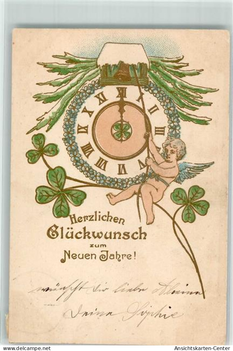 39600708 - Glueckwunsch Uhr Kleeblatt Engel Lithographie - New Year