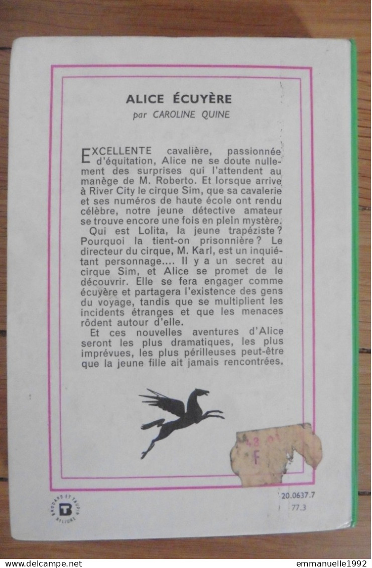 Livre Alice écuyère Par Caroline Quine 1977 Bibliothèque Verte Hachette - Bibliotheque Verte