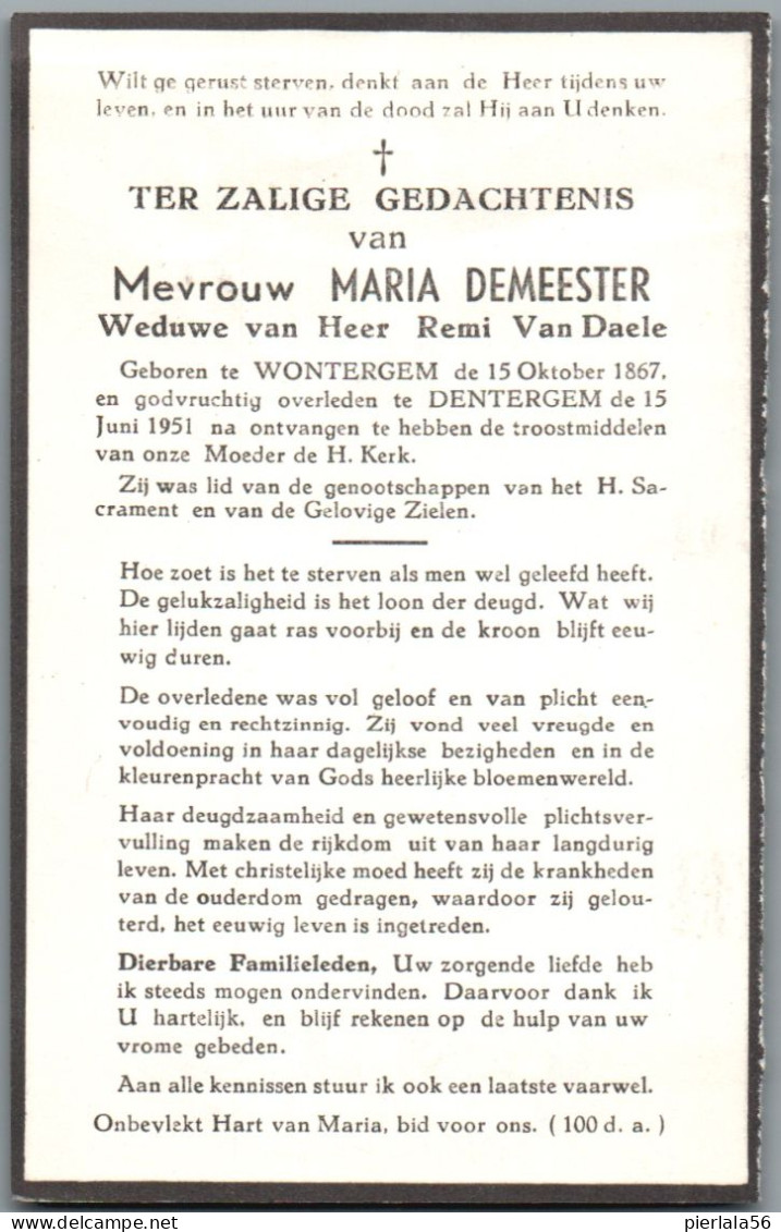 Bidprentje Wontergem - Demeester Maria (1867-1951) - Devotion Images