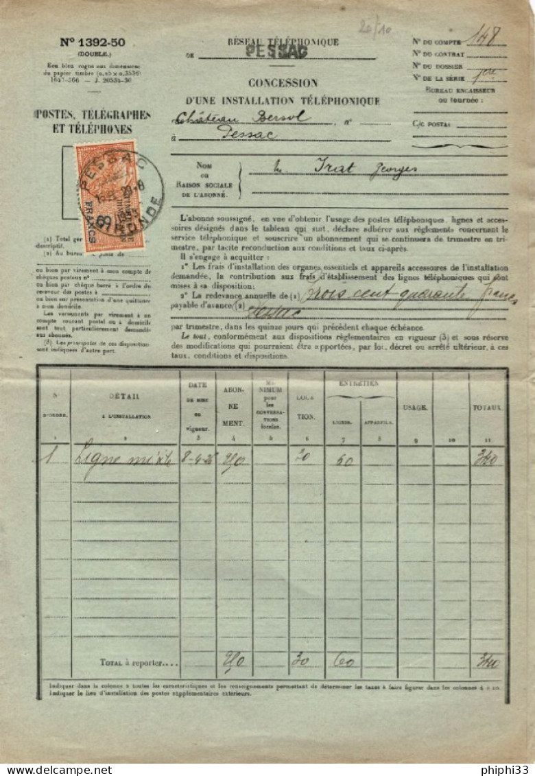 FORMULAIRE N° 1392-50 CONCESSION D'UNE INSTALLATION TELEPHONIQUE - Documents Of Postal Services