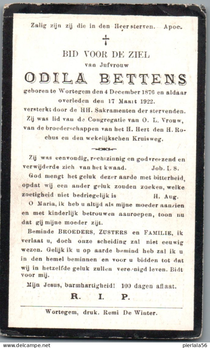 Bidprentje Wortegem - Bettens Odila (1876-1922) - Devotieprenten