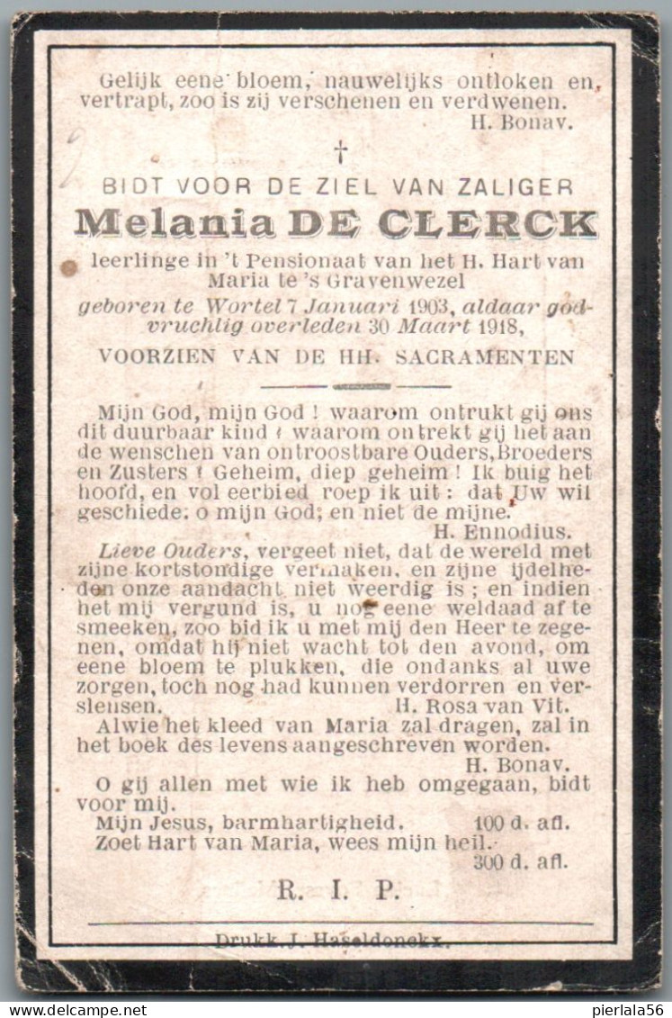 Bidprentje Wortel - De Clerck Melania (1903-1918) Hoekplooi - Devotieprenten