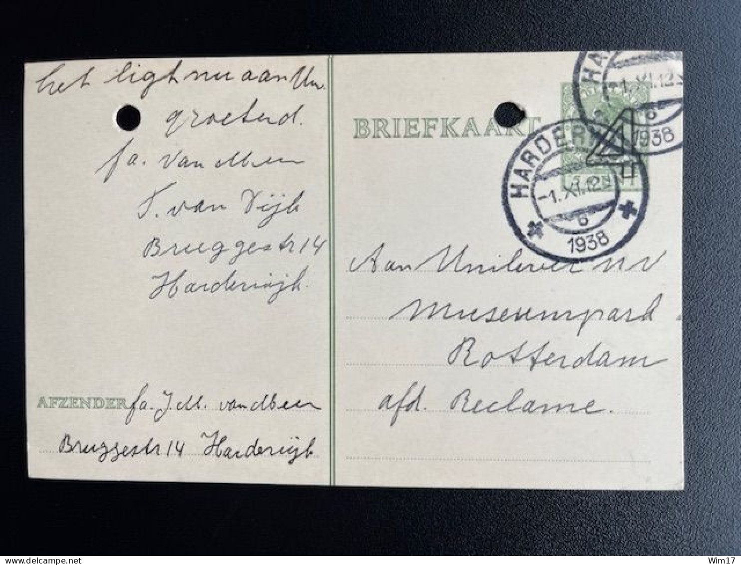 NETHERLANDS 1938 POSTCARD HARDERWIJK TO ROTTERDAM 01-11-1938 NEDERLAND BRIEFKAART - Ganzsachen