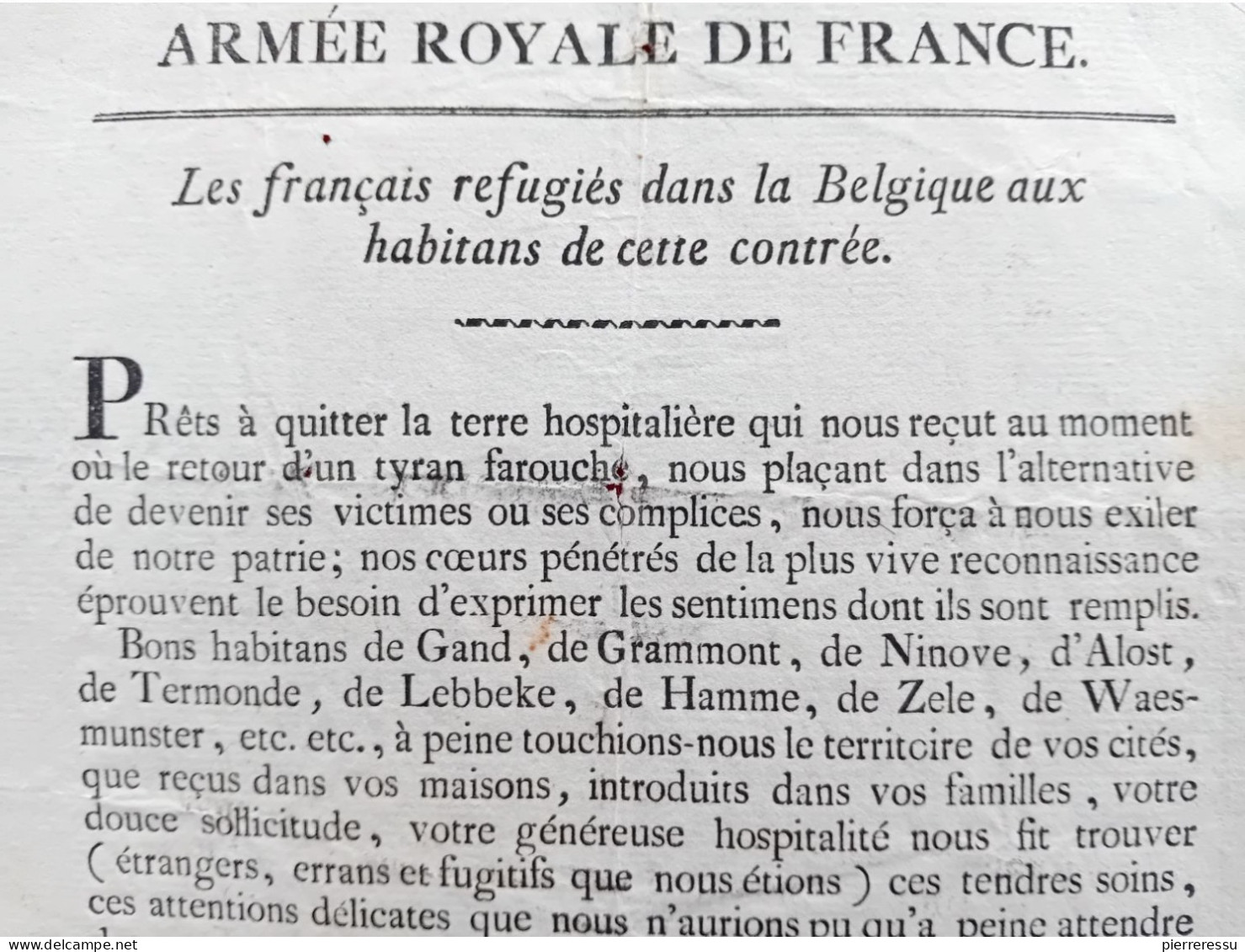 ARMEE ROYALE DE FRANCE LES FRANCAIS REFUGIES DANS LA BELGIQUE AUX HABITANTS DE TERMONDE 1815 MARQUIS DE LESTANG - Documents Historiques