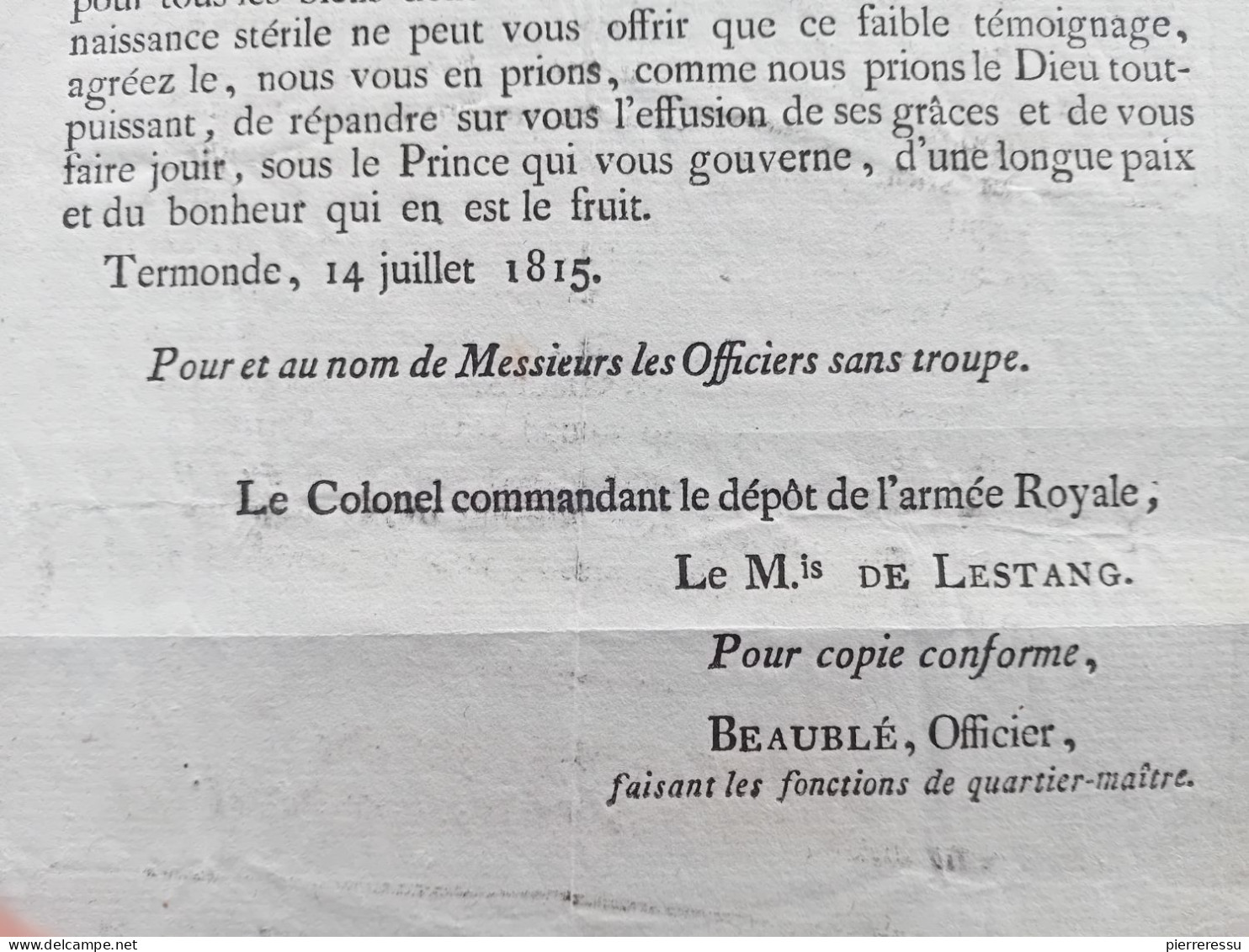 ARMEE ROYALE DE FRANCE LES FRANCAIS REFUGIES DANS LA BELGIQUE AUX HABITANTS DE TERMONDE 1815 MARQUIS DE LESTANG - Documents Historiques