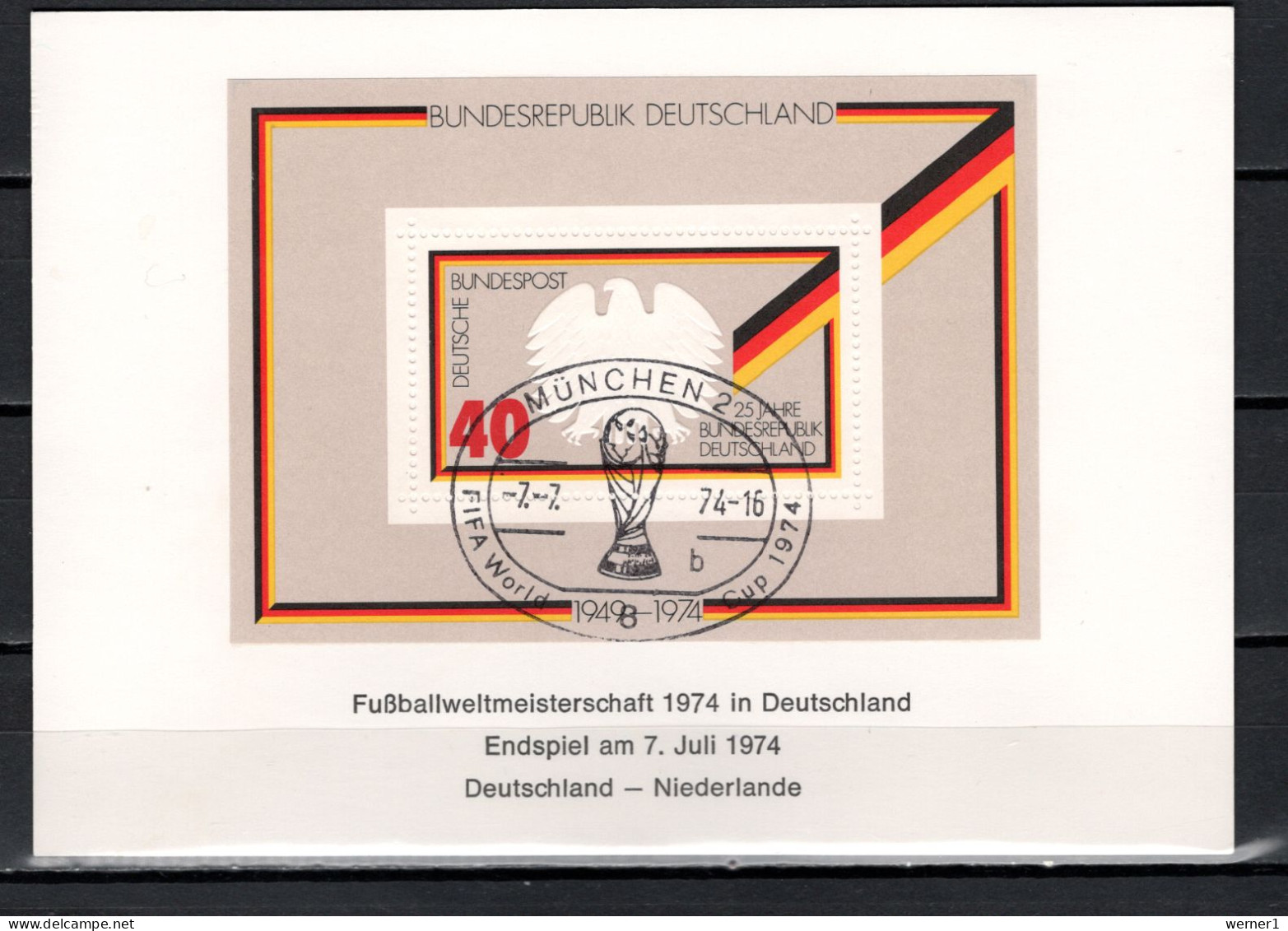 Germany 1974 Football Soccer World Cup Commemorative Print With S/s And Special Postmark - 1974 – West Germany