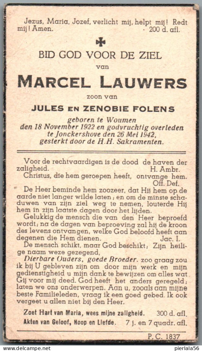 Bidprentje Woumen - Lauwers Marcel (1922-1942) - Devotion Images