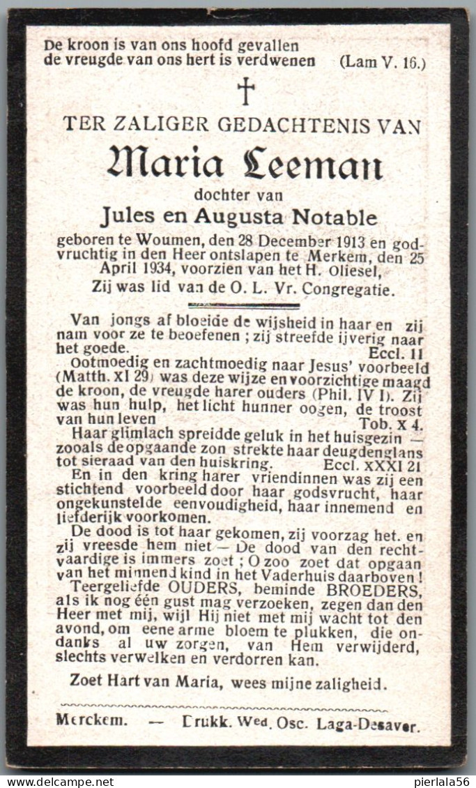 Bidprentje Woumen - Leeman Maria (1913-1934) - Devotieprenten