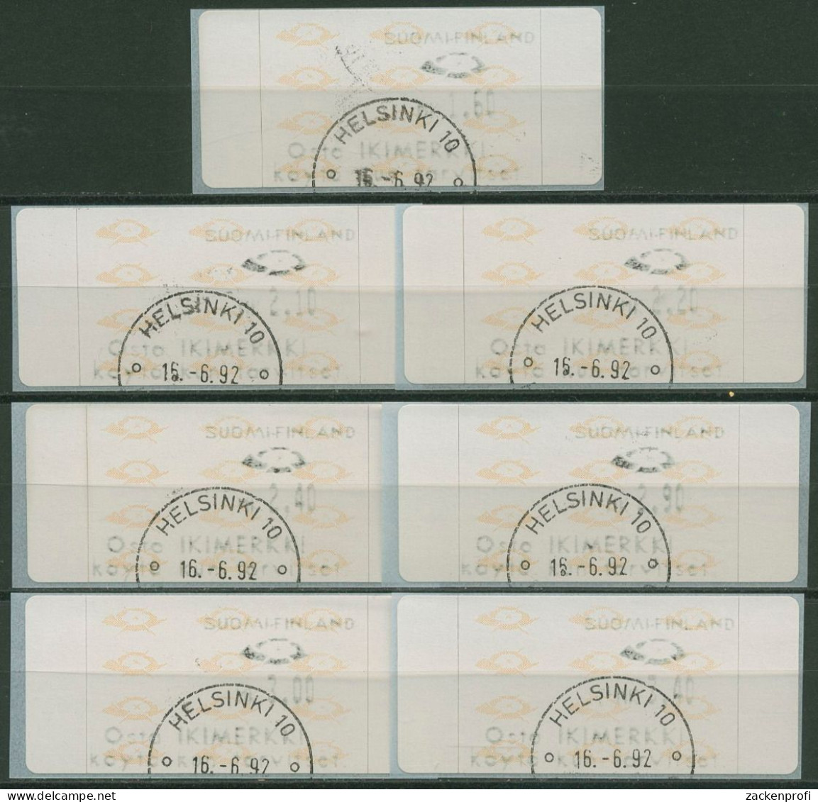 Finnland Automatenmarken 1992 Posthörner Satz 7 Werte ATM 12.4 S1 Gestempelt - Automaatzegels [ATM]