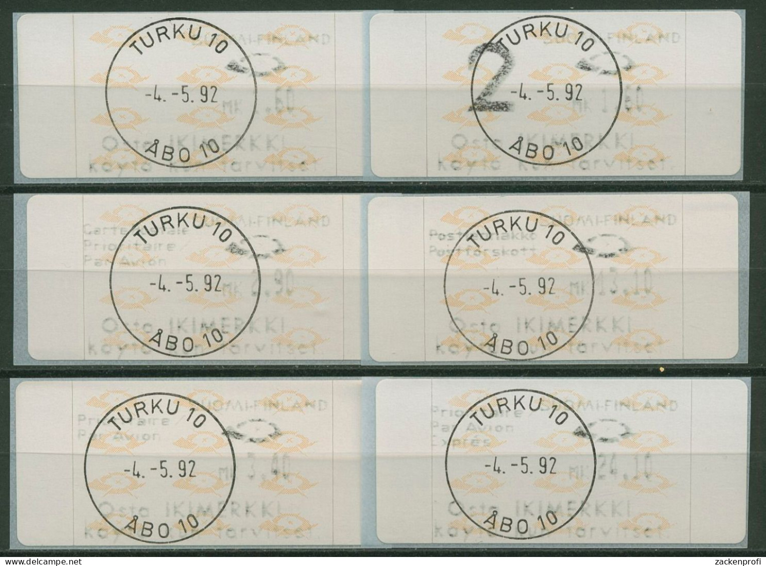 Finnland ATM 1992 Posthörner Zudrucksatz 6 Werte ATM 12.4 ZS 1 Gestempelt - Automatenmarken [ATM]