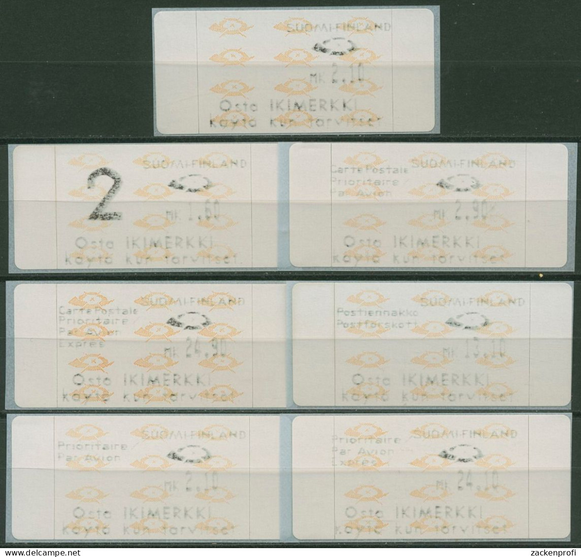 Finnland ATM 1992 Posthörner Zudrucksatz 7 Werte ATM 12.4 ZS 2 Postfrisch - Machine Labels [ATM]