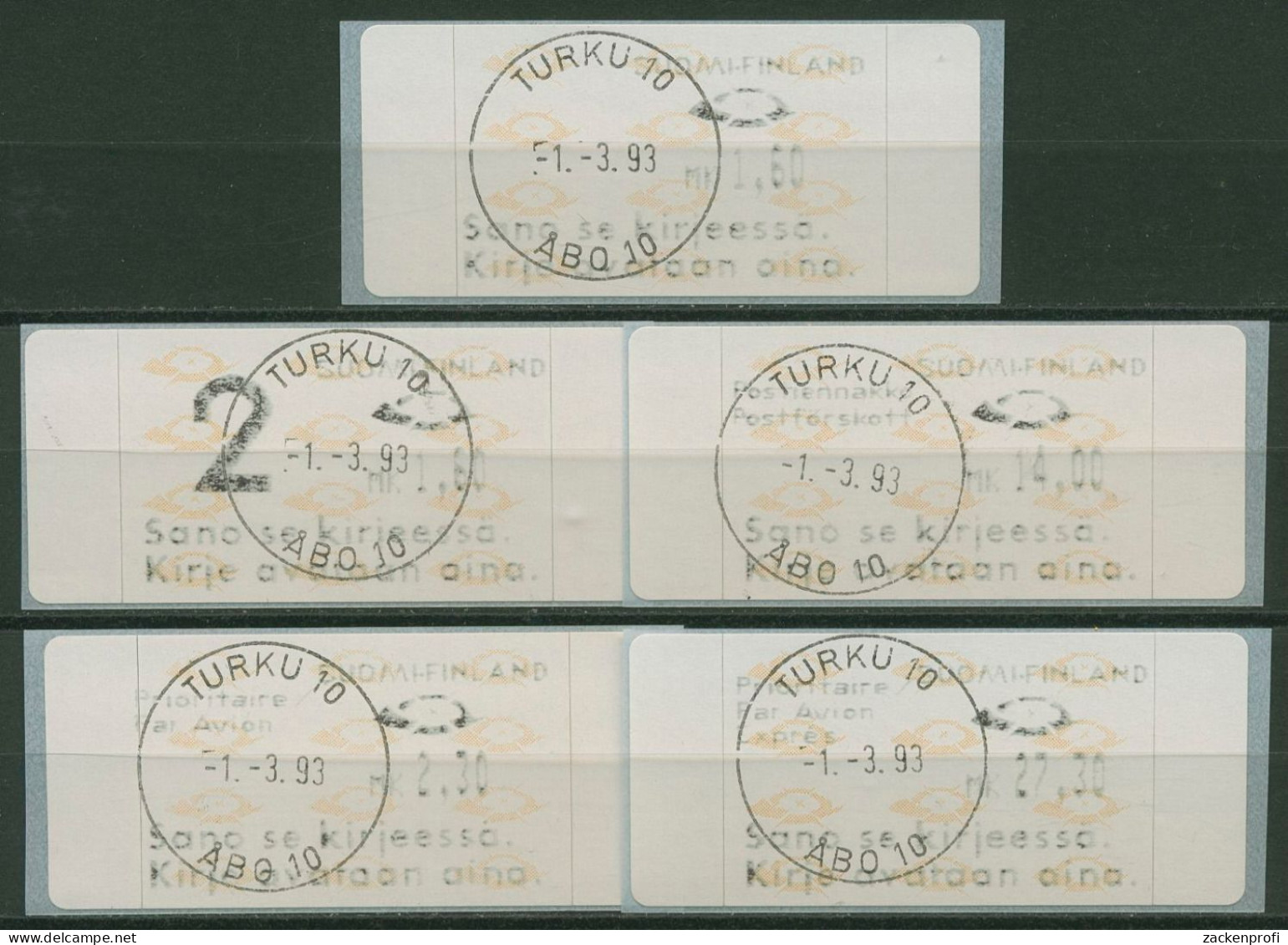 Finnland ATM 1993 Posthörner Zudrucksatz 5 Werte ATM 12.6 Z Gestempelt - Machine Labels [ATM]