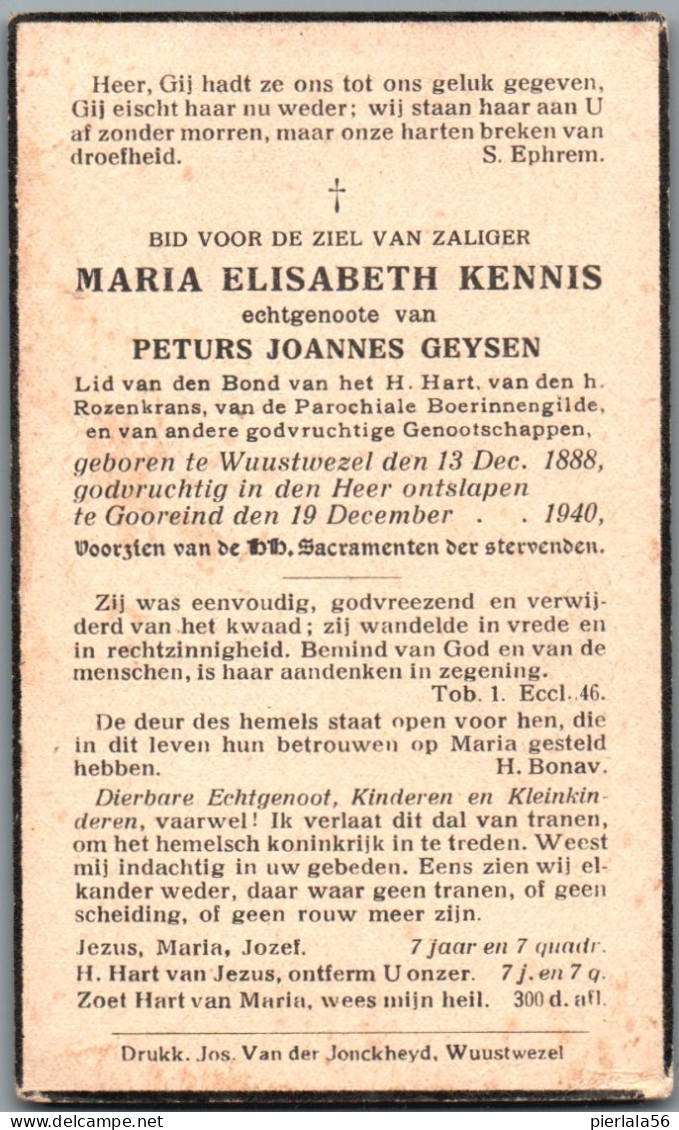 Bidprentje Wuustwezel - Kennis Maria Elisabeth (1888-1940) - Devotion Images