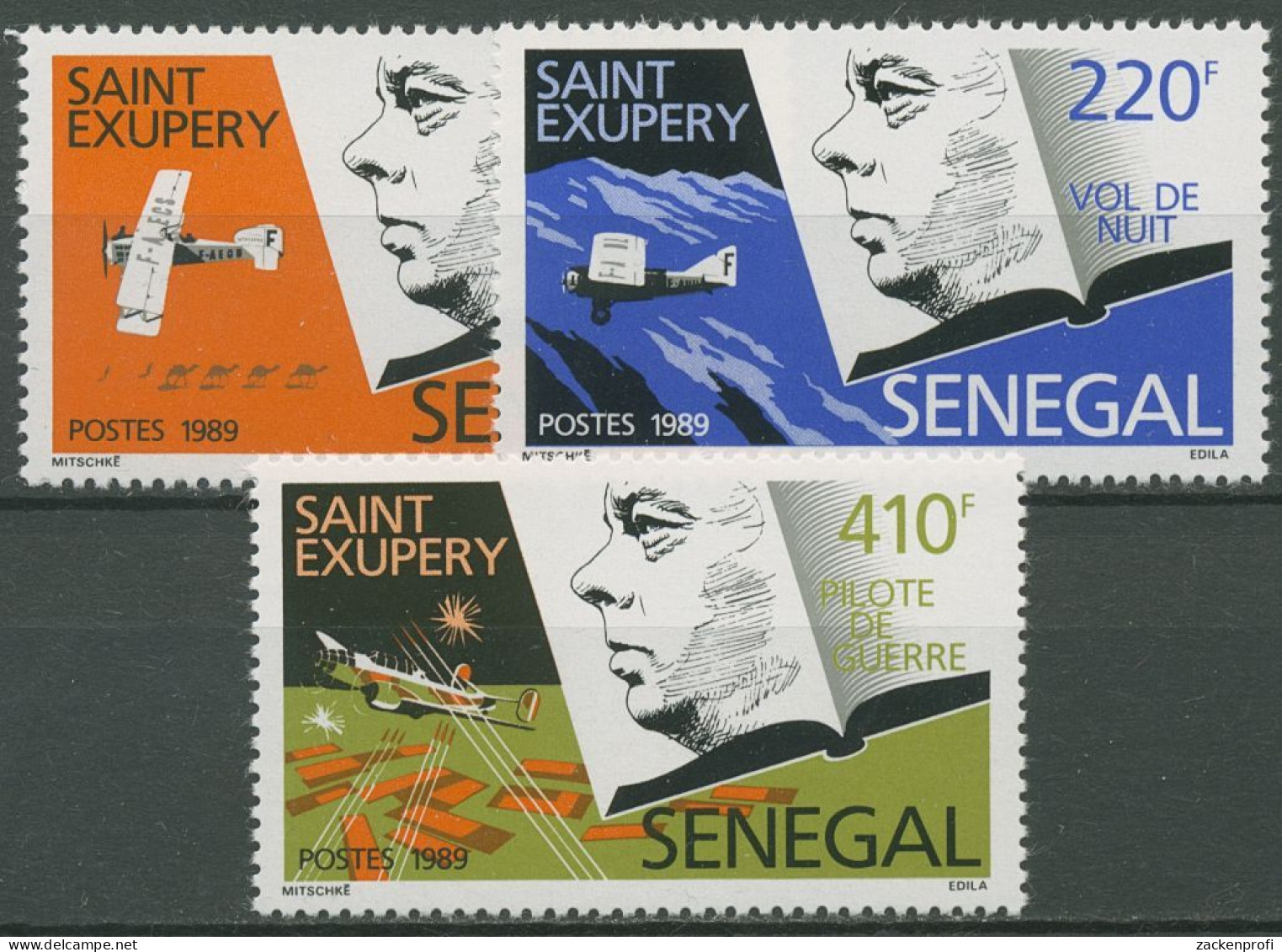Senegal 1989 Antoine De Saint-Exupéry Flugzeug 1012/14 Postfrisch - Sénégal (1960-...)