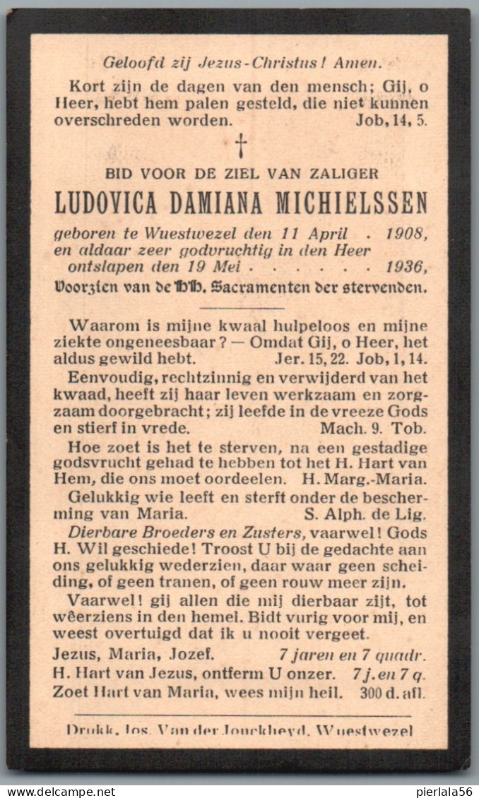 Bidprentje Wuustwezel - Michielssen Ludovica Damiana (1908-1936) - Images Religieuses