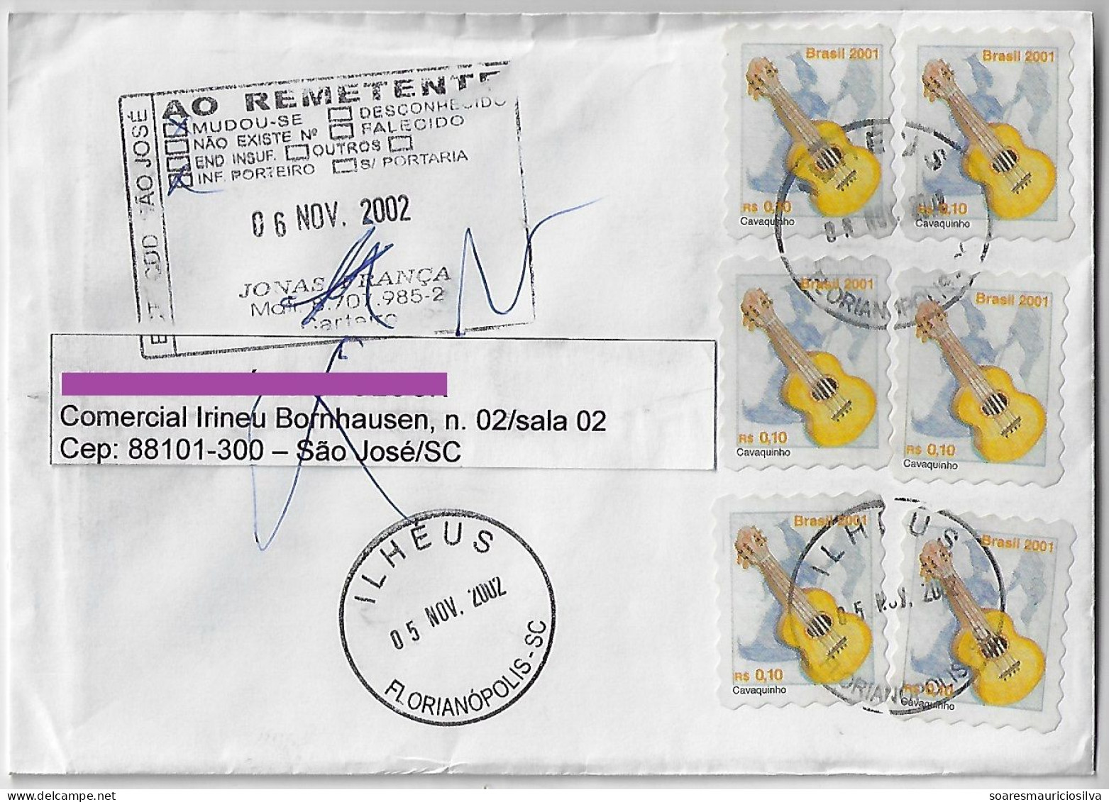 Brazil 2002 Returned Cover From Florianópolis Ilhéus Agency To São José 6 Stamp Musical Instrument Cavaquinho - Lettres & Documents