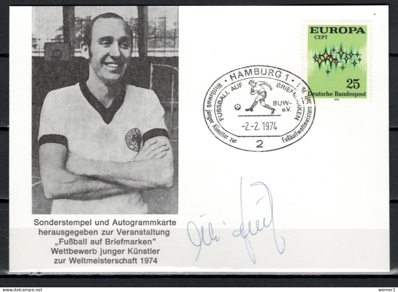 Germany 1974 Football Soccer World Cup Autograph Postcard With Original Signature Of Willi Schulz - 1974 – West Germany