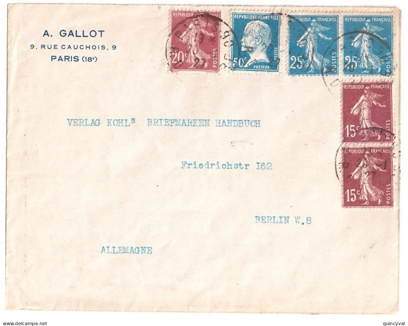 PARIS Lettre Pour L'étranger 1° Ech Entête GALLOT Pasteur Semeuse Yv 140 189 139 176 Dest Berlin Allemagne - 1921-1960: Modern Period