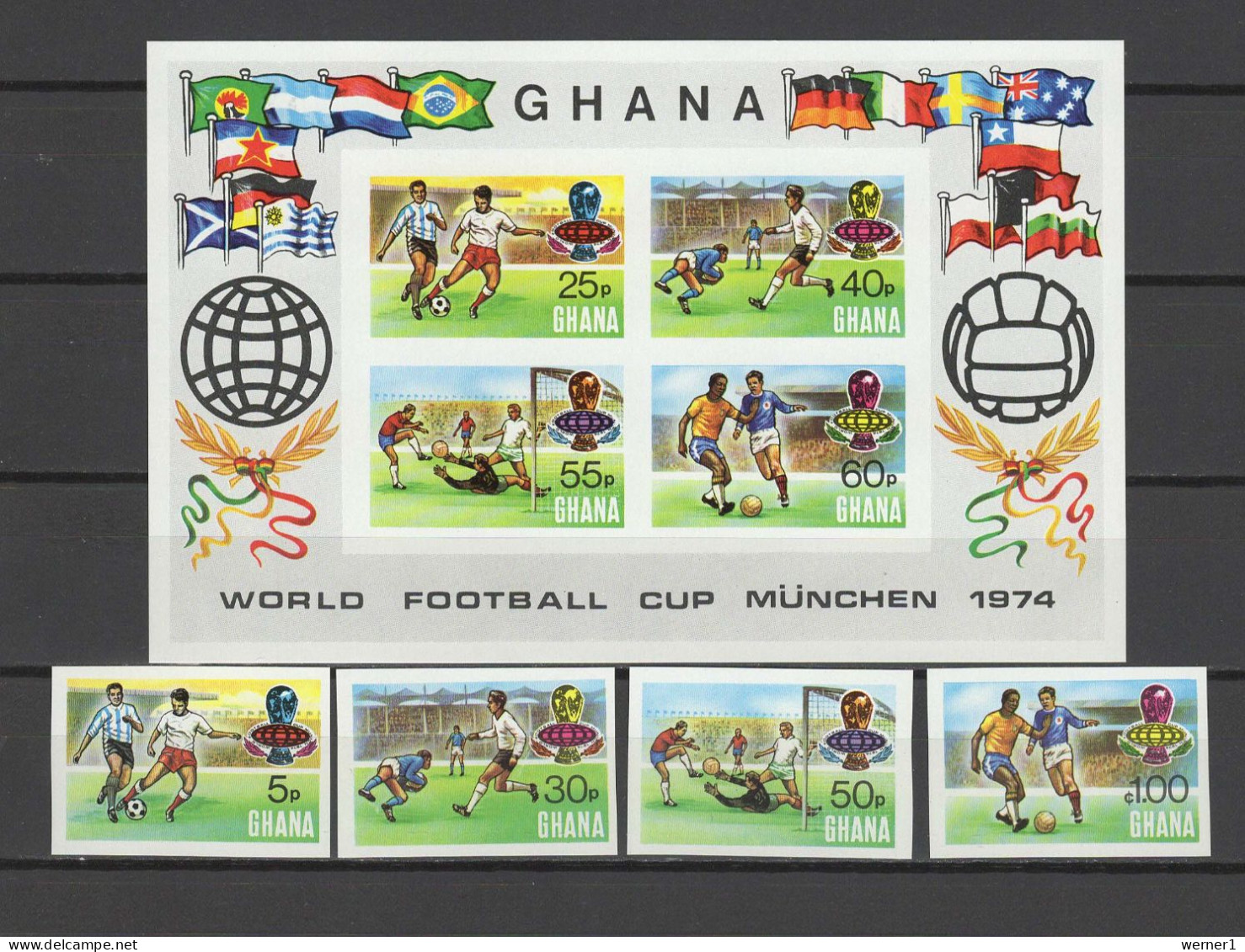 Ghana 1974 Football Soccer World Cup Set Of 4 + S/s Imperf. MNH -scarce- - 1974 – West Germany