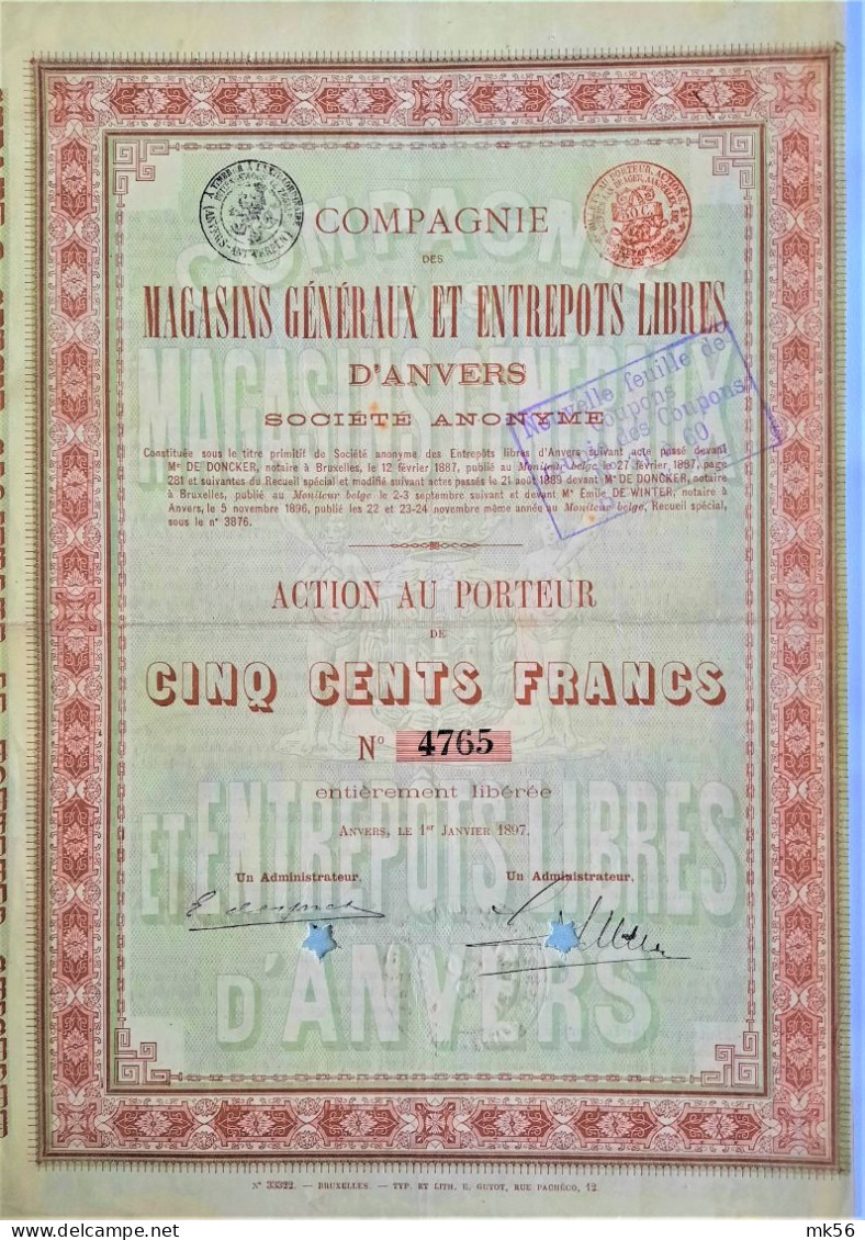 Compagnie Des Magasins Généraux Et Entrepôts Libres D'Anvers - 1897 !! - Anvers - Other & Unclassified
