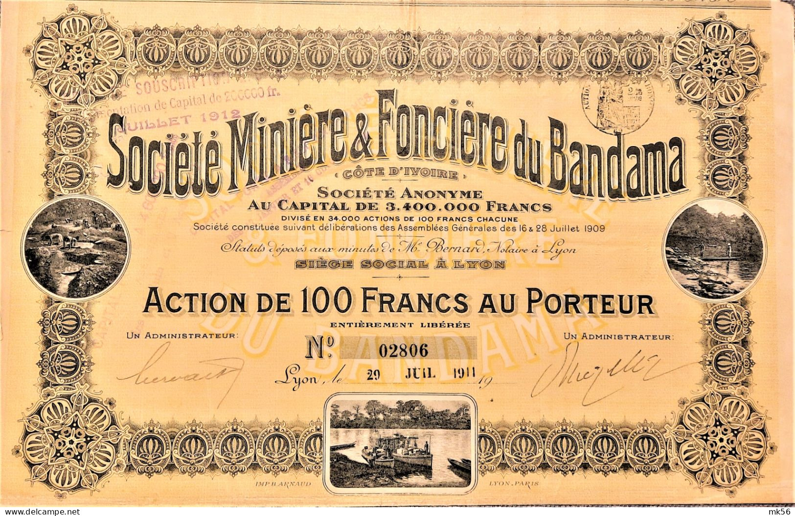 S.A. Société Minière Et Foncière  Du Bandama - Action De 100 Francs Au Porteur (1911) -  Lyon - Déco ! - Bergbau